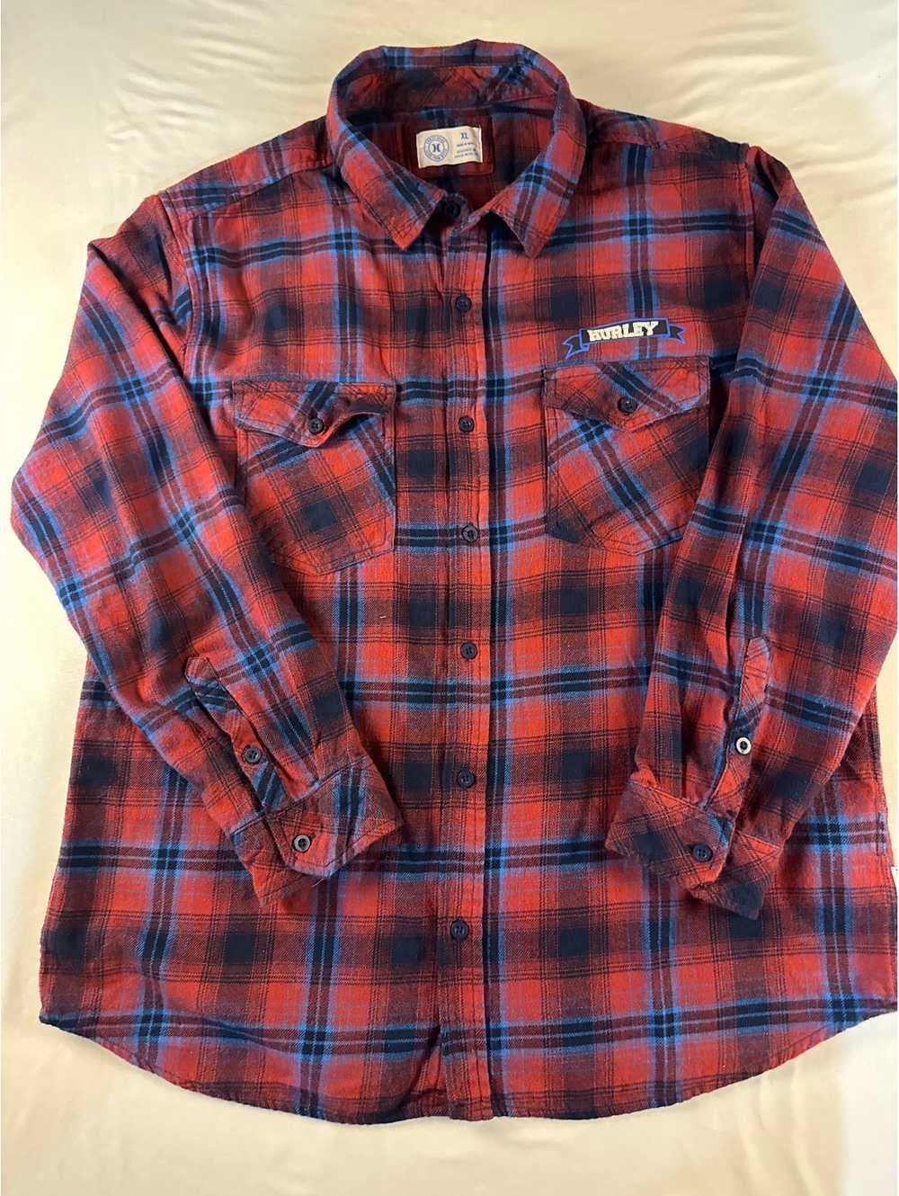 Hurley XL Red and Blue Plaid Button-Up Shirt